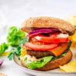 air fryer burger with tomato, lettuce, cheese, onion and special sauce