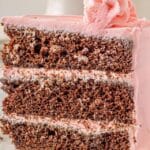 slice of kahlua chocolate coffee cake with strawberry buttercream frosting