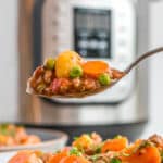 spoonful of vegetable hamburger stew with carrots, peas, and potatoes