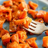 honey red pepper sweet potatoes on a fork