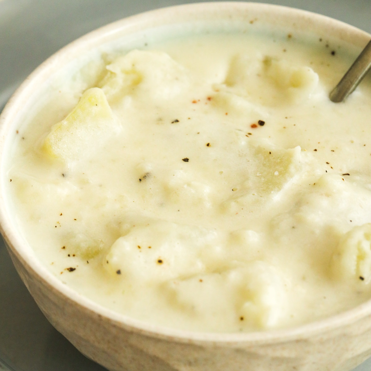 chunky potato soup in a bowl